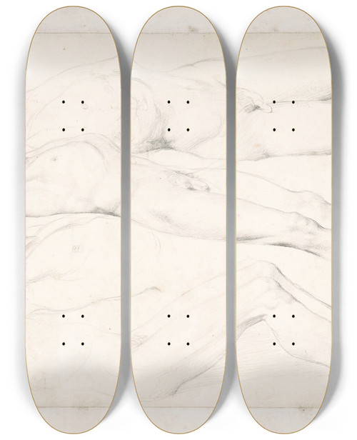 Triptych art skateboard deck of Jean Auguste Dominique Ingres Studies For The Cadaver Of Acron by Jean Auguste Dominique Ingres (1780-1867)