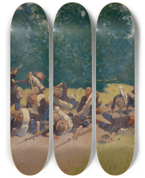 Triptych art skateboard deck of Frederic Remington The Scream Of Shrapnel At San Juanhill by Frederic Remington (1861-1909)