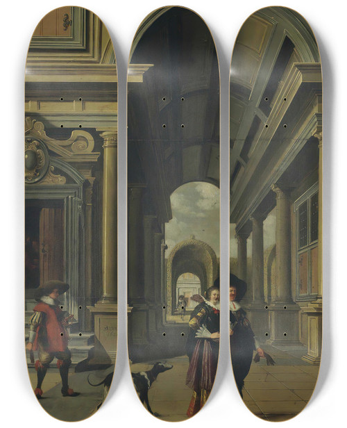 Triptych art skateboard deck of Dirck Van Delen Elegant Figures In A Courtyard by Dirck Van Delen (1604-1671)