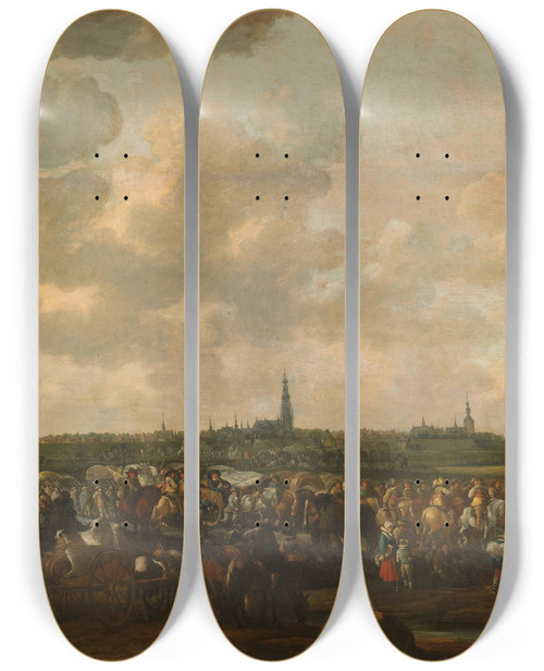Triptych art skateboard deck of Hendrick De Meijer Departure Of Spanish Occupation Troops From Breda October 10 1637 by Hendrik Meijer (1620-1689)
