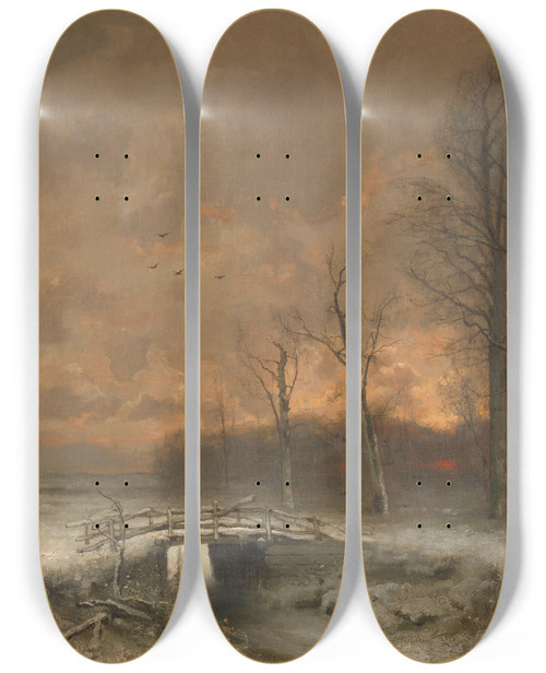 Triptych art skateboard deck of Louis Apol Winter Scene With The Sun Setting Behind Trees by Louis Apol (1850-1936)