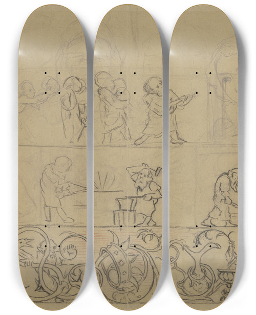 Triptych art skateboard deck of Hans Thoma Schneewittchen Und Die Sieben Zwerge Sowie Eine Nachzeichnung Der Venus Botticellis by Hans Thoma (1839-1924)