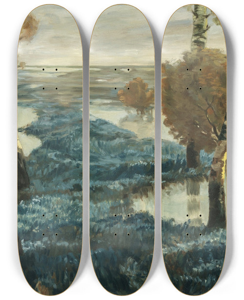 Triptych art skateboard deck of Ludwig Dill Berschwemmte Salbeifelder In Der Poebene by Ludwig Dill (1848-1940)