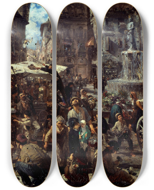 Triptych art skateboard deck of Adolph Von Menzel Piazza Derbe In Verona by Adolph Von Menzel (1815-1905)