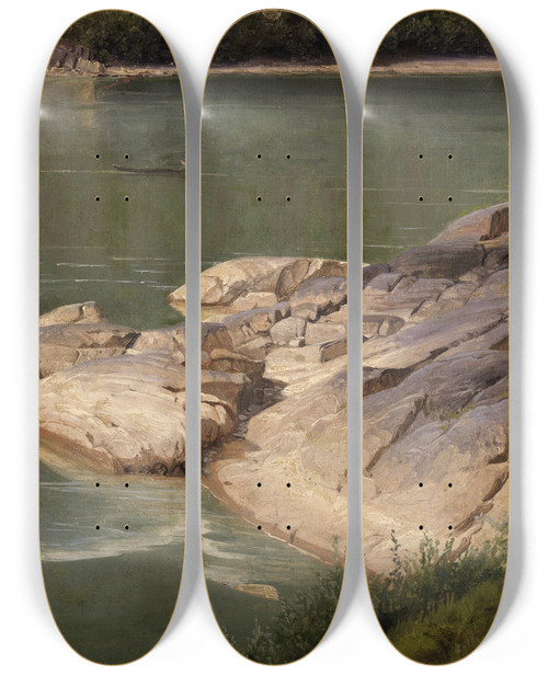 Triptych art skateboard deck of Johann Wilhelm Schirmer Felsiges Flussgestade by Johann Wilhelm Schirmer (1807-1863)