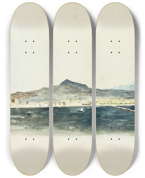Triptych art skateboard deck of Miner Kilbourne Kellogg Port Of Larnaca by Miner Kilbourne Kellogg (1814-1889)