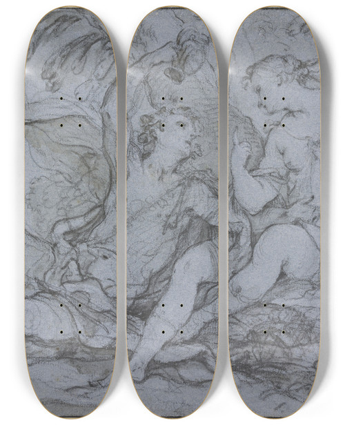Triptych art skateboard deck of Charlesjoseph Natoire Bacchus And Ariadne by Charles Joseph Natoire (1700-1777)