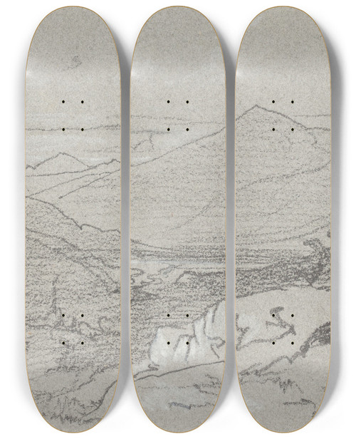 Triptych art skateboard deck of Edward Lear Mountainous View From Antrodoco by Edward Lear (1812-1888)