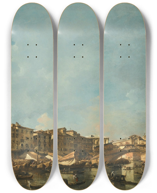 Triptych art skateboard deck of Francesco Guardi Venice A View Of The Rialto Bridge Looking North From The Fondamenta Del Carbon by Francesco Guardi (1712-1793)
