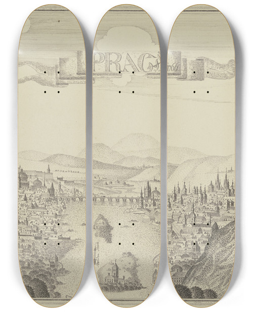 Triptych art skateboard deck of Johann Baptist Reiser Ansicht Von Prag Mit Der Moldau_2 by Johann Baptist Reiser (18-)