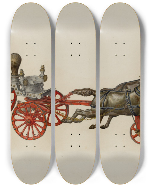 Triptych art skateboard deck of Charles Henning Toy Fire Engine by Charles Henning