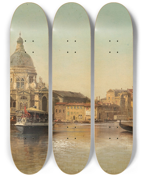 Triptych art skateboard deck of Karl Kaufmann Venedig Kanal Grande Mit Blick Auf Santa Maria Della Salute by Karl Kaufmann (1843-1905)