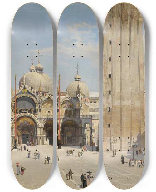 Triptych art skateboard deck of Antonietta Brandeis Venice A View Ofthe Piazza San Marco by Antonietta Brandeis (1848-1926)