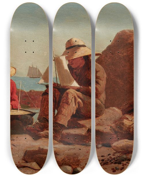 Triptych art skateboard deck of Winslow Homer The Boat Builders by Winslow Homer (1836-1910)