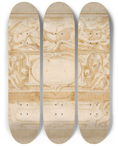 Triptych art skateboard deck of Francesco De Rossi Design For A Funerary Monument by Francesco de' Rossi (1510-1563)
