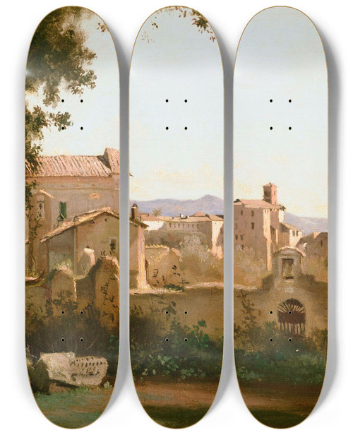 Triptych art skateboard deck of Jeanbaptistecamille Corot View From The Farnese Gardens Rome by Jean-Baptiste-Camille Corot (1796-1875)