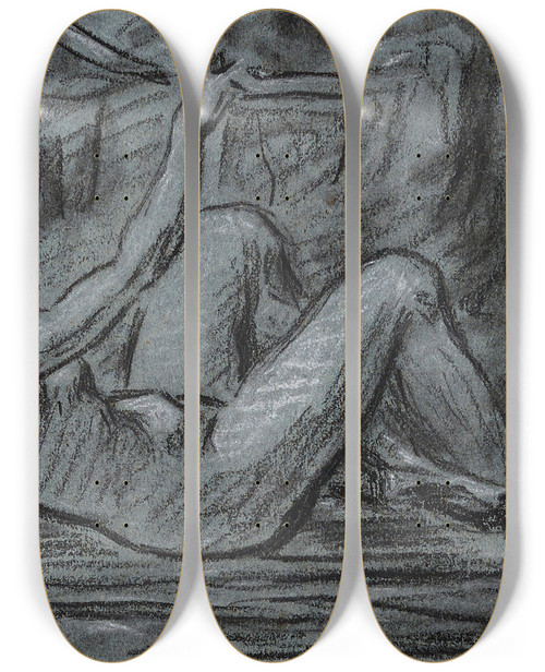 Triptych art skateboard deck of Pierrepaul Prudhon Jeune Femme Nue Se Relevant by Pierre-Paul Prud'hon (1758-1823)
