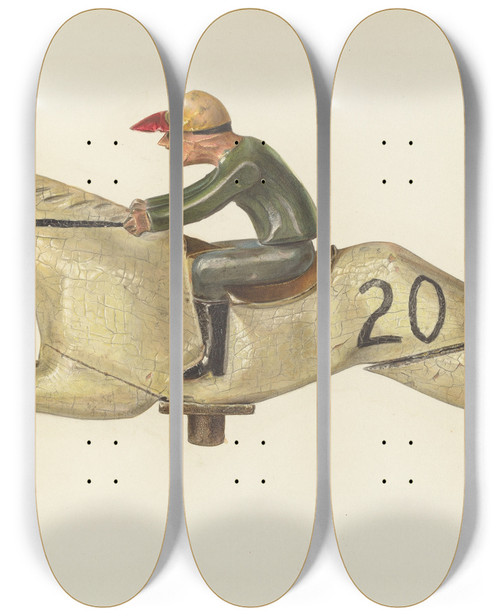 Triptych art skateboard deck of Palmyra Pimentel Horse And Jockey by Palmyra Pimentel