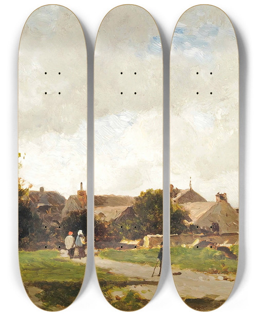 Triptych art skateboard deck of Eugne Ciceri Figures On The Outskirts Of A Village by Eugene Ciceri (1813-1890)