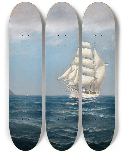 Triptych art skateboard deck of Max Jensen A Sailing Ship And A Steamboat By The Coast by Max Jensen (1860-1907)