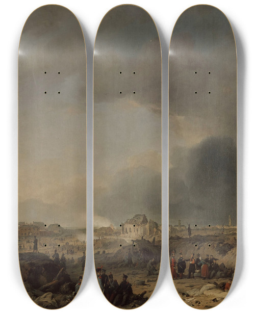 Triptych art skateboard deck of Ferdinand De Braekeleer The Antwerp Castle After The Bombardement In 1832 by Ferdinand De Braekeleer (1792-1883)