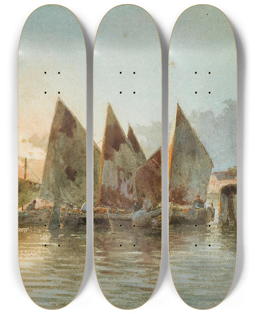 Triptych art skateboard deck of Alberto Prosdocimi Boats In Front Of Venice In The Background S Giorgio Maggiore by Alberto Prosdocimi (1852-1925)