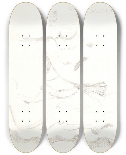 Triptych art skateboard deck of Svend Rathsack Svvende Kvinder Studieblad Efter Relieffer I Borobudur Java by Svend Rathsack (1885-1941)