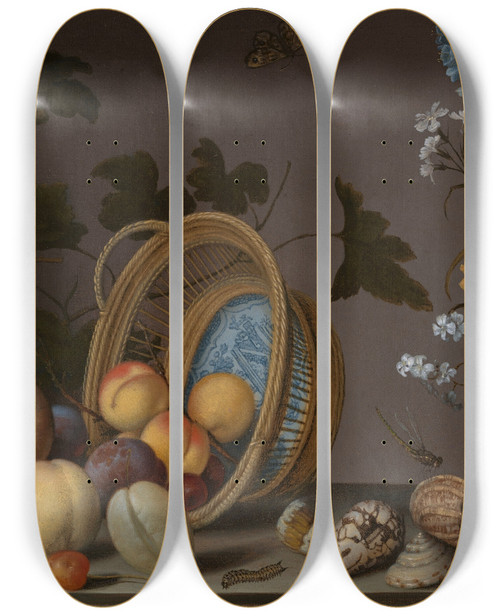 Triptych art skateboard deck of Balthasar Van Der Ast A Still Life With Flowers In A Porcelain Vase Seashells And An Overturned Basket Of Fruit by Balthasar Van Der Ast (1593-1657)
