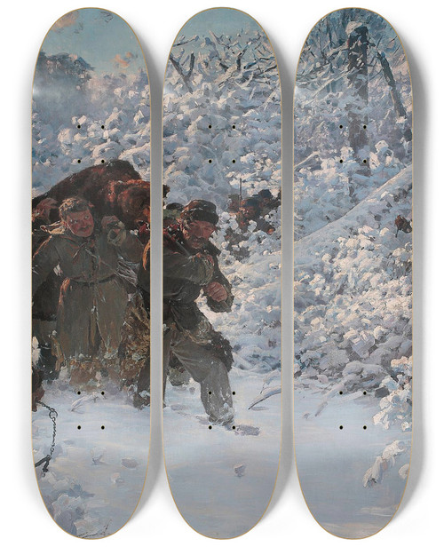 Triptych art skateboard deck of Julian Falat Return From The Bear Hunt by Julian Falat (1853-1929)