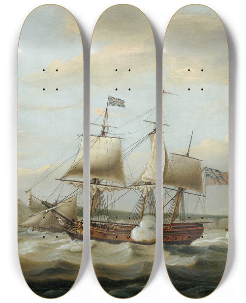 Triptych art skateboard deck of Thomas Luny A Merchant Ship Signaling For A Pilot Off The Cliffs Of Dover by Thomas Luny (1759-1837)