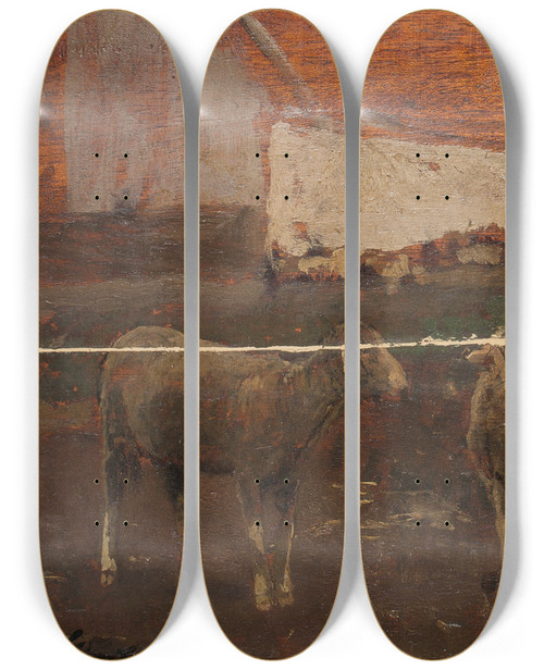 Triptych art skateboard deck of Emil Jakob Schindler Dorflandschaft Mit Schafen by Emil Jakob Schindler (1842-1892)