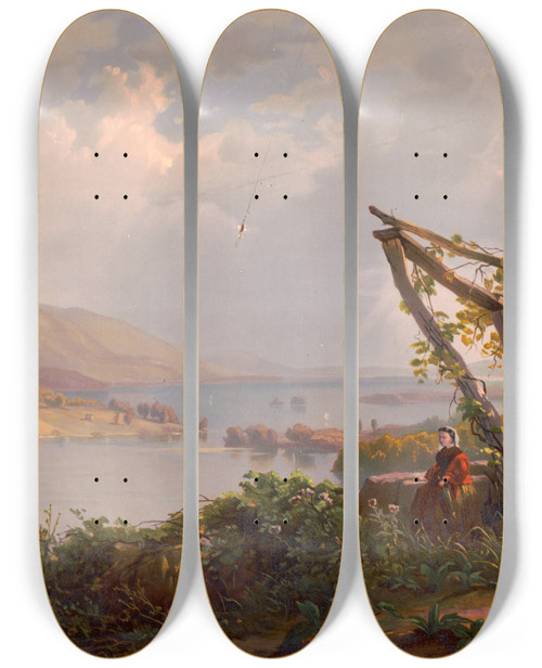 Triptych art skateboard deck of Joseph Hoover Sunset On The Coast Of Wales by Joseph Hoover (1830-1913)