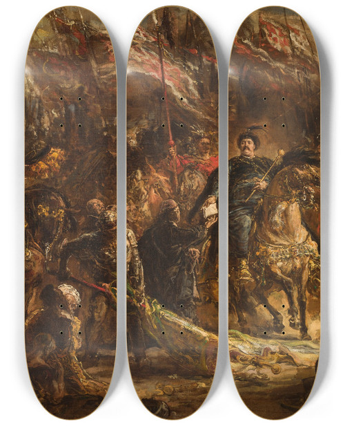 Triptych art skateboard deck of Jan Matejko Jan Iii Sobieski Hands Canon Denhoff A Letter To The Pope With The Message Of The Victory Over The Turks At Vienna In 1683 by Jan Matejko (1838-1893)