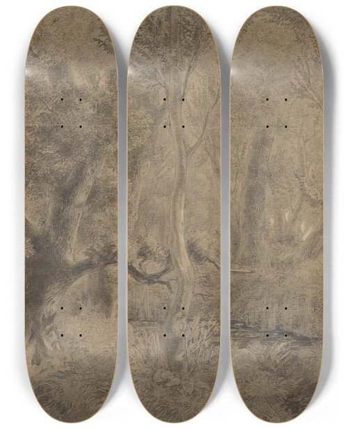 Triptych art skateboard deck of Heinrich Dreber Waldinneres by Heinrich Dreber (1822-1875)