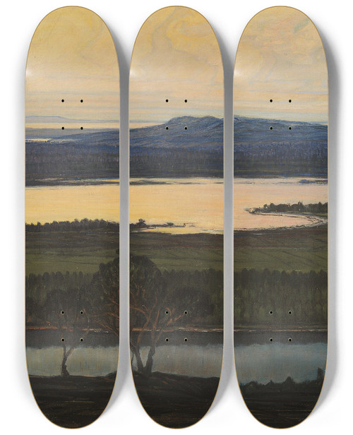 Triptych art skateboard deck of Otto Hesselbom Summer Night Study by Otto Hesselbom (1848-1913)