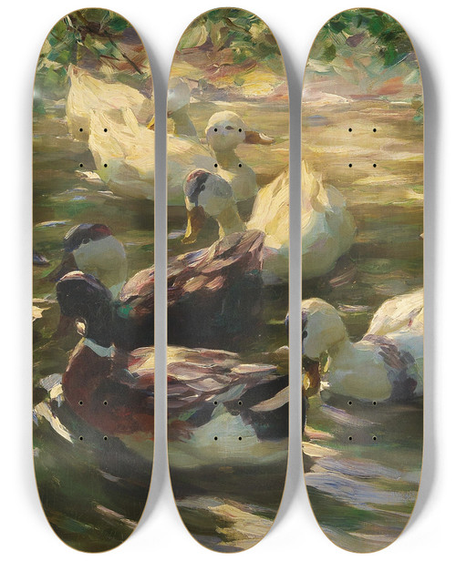 Triptych art skateboard deck of Alexander Koester Ducks On A Pond by Alexander Koester (1864-1932)