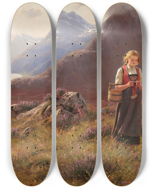 Triptych art skateboard deck of Hans Dahl A Girl Knitting In A Norwegian Landscape by Hans Dahl (1849-1937)