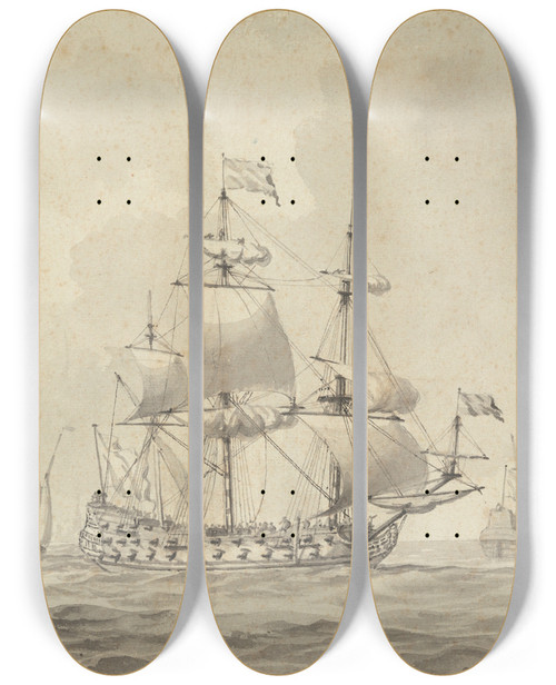 Triptych art skateboard deck of Dominic Serres Warships In A Stiff Breeze Off The Dutch Coast by Dominic Serres (1722-1793)