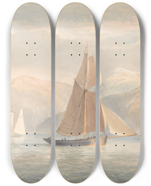 Triptych art skateboard deck of John Christian Schetky Boat Sailing To The Right With Mountains In The Background by John Christian Schetky (1778-1874)