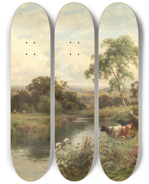 Triptych art skateboard deck of Henry H Parker A Norfolk Stream by Henry H Parker (1858-1930)