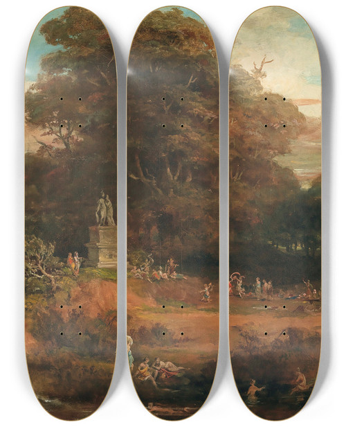 Triptych art skateboard deck of Friedrich Von Amerling A Vast Idealised Landscape With Antique Figures Around A Double Statue Of Mars And Venus Temple Architecture In The Background by Friedrich Von Amerling (1803-1887)