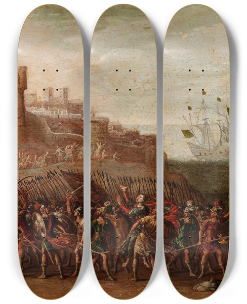 Triptych art skateboard deck of Circle Of Juan De La Corte Deborah And Barak Against Sisera by Circle of Juan de la Corte (1597-1660)