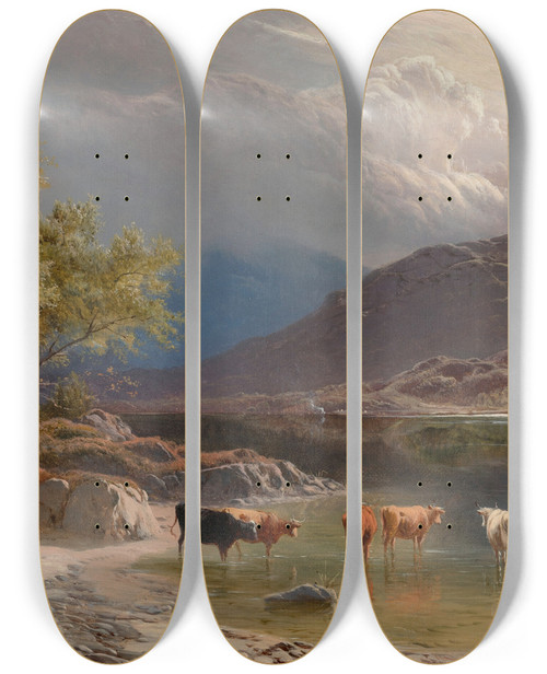 Triptych art skateboard deck of Sidney Richard Percy Cattle Watering By A Loch by Sidney Richard Percy (1821-1886)
