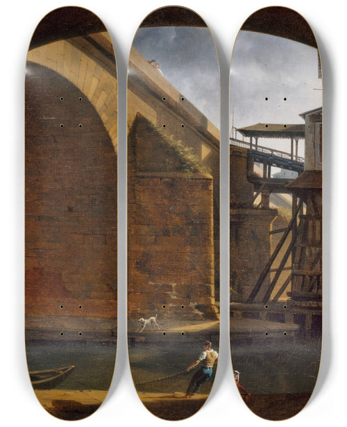 Triptych art skateboard deck of Auguste Jacques Rgnier Le Pont Et La Pompe Notredame Vus De La Vote Du Quai De Gesvres by Auguste Jacques Regnier (1787-1860)