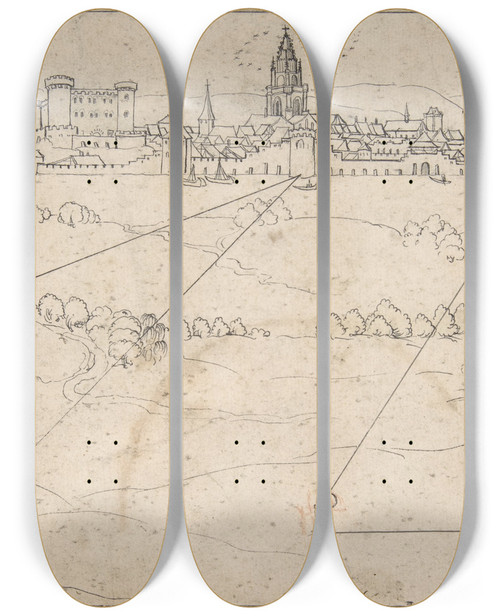 Triptych art skateboard deck of Matthus Merian The Elder Perspectival Study With A View Of A Medieval City by Matthus Merian the elder (1593-1650)