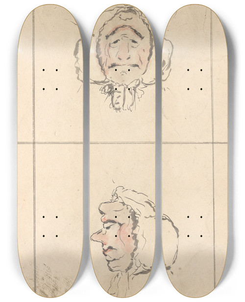 Triptych art skateboard deck of George Moutard Woodward Faces by George Moutard Woodward (1765-1809)