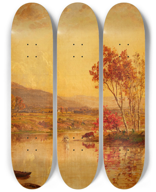 Triptych art skateboard deck of Jasper Francis Cropsey An Autumn Landscape With Cattle Watering At A River by Jasper Francis Cropsey (1823-1900)