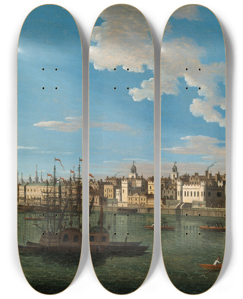 Triptych art skateboard deck of Joseph Nickolls The Thames At The Tower Of London With London Bridge And St Pauls In The Distance by Joseph Nickolls (1713-1755)