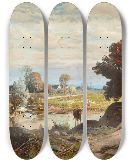 Triptych art skateboard deck of Carl Philipp Weber Landscape With Cows Watering And Town In Background by Carl Philipp Weber (1849-1922)