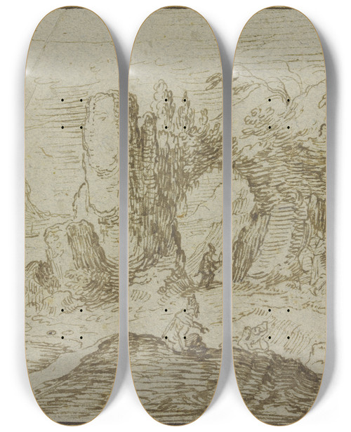 Triptych art skateboard deck of Jacob De Gheyn Ii Felsige Kstenlandschaft Mit Figuren_2 by Jacob de Gheyn II (1565-1629)
